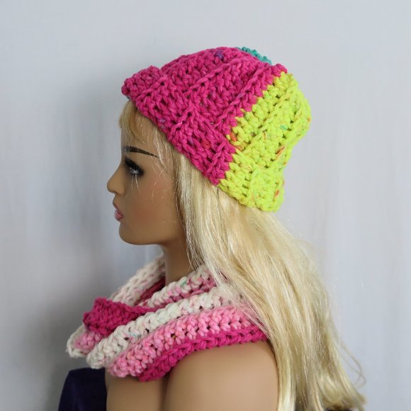 NEW Hand Crocheted Multi-Color Boho Beanie Snood Set - Picture 6 of 10